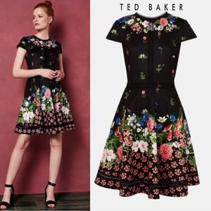 Ted Baker Black Floral Mini Dress with Pink, Green & Blue Accents